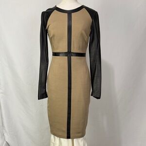 ROBERT RODRIGUEZ Size XSM Tan W/ Black Leather Trim Midi Dress